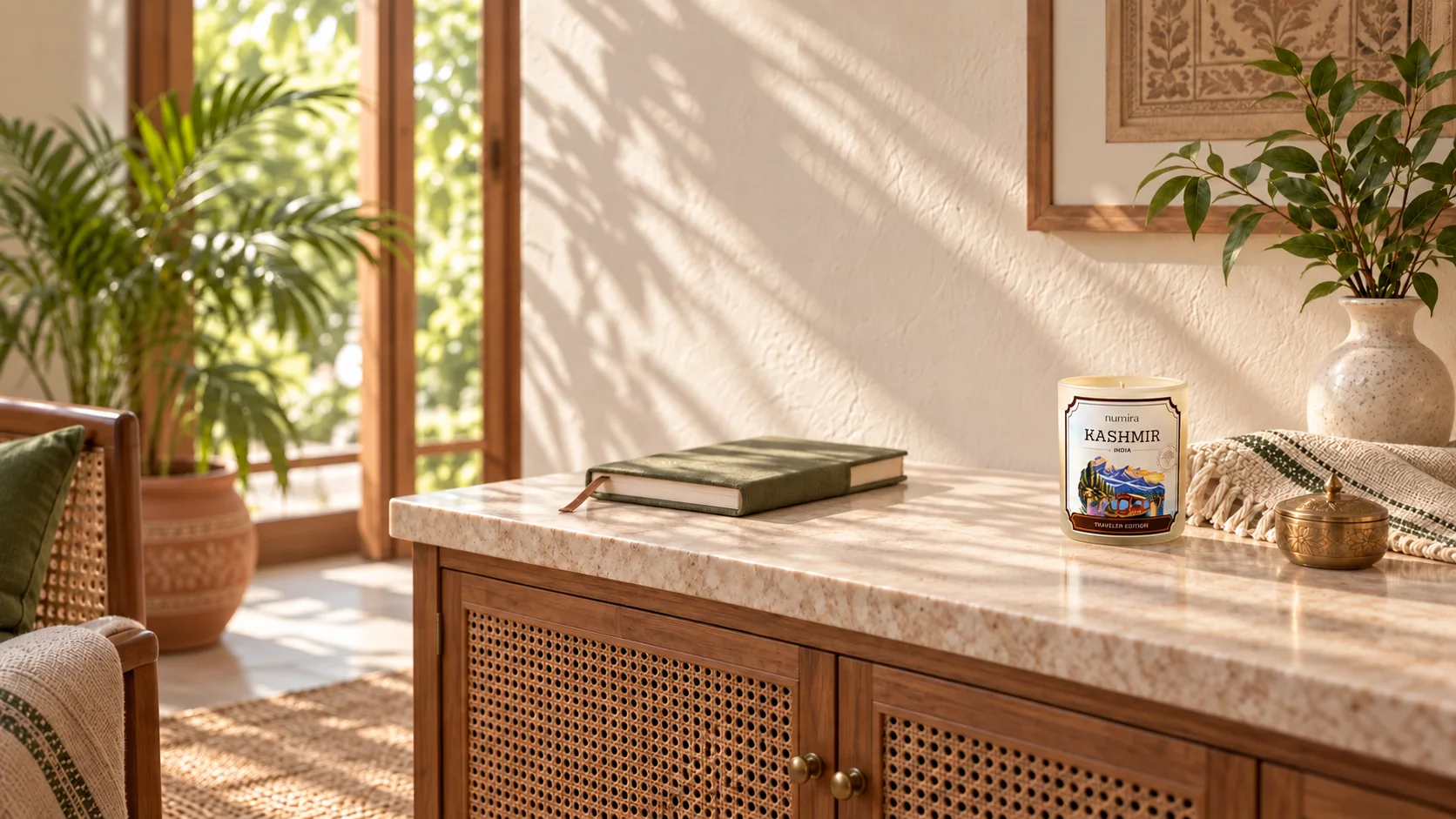 Numira Kashmir Traveler Edition candle in a sunlit Indian home