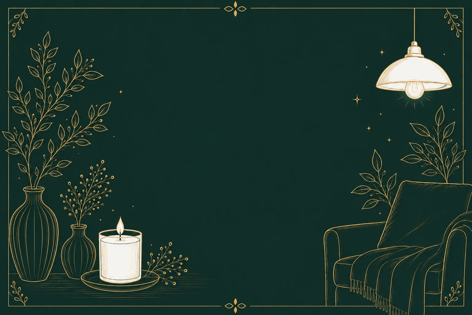 Illustration of a lit candle, leafy vases and a reading chair in a calm home corner