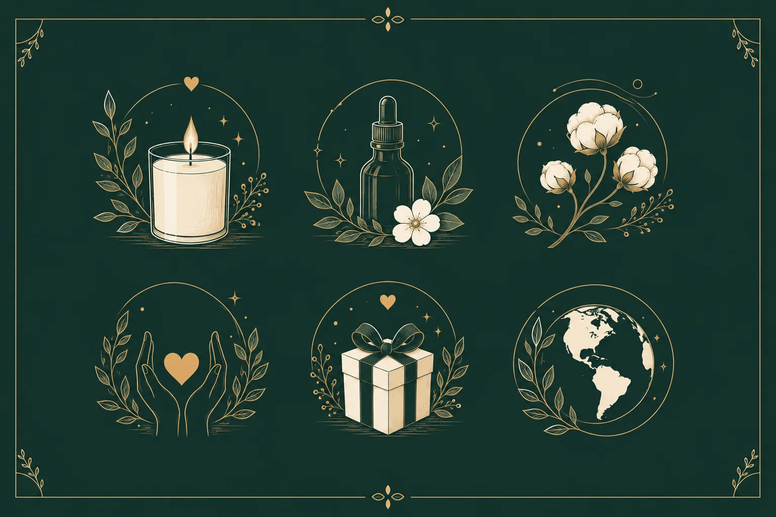 Illustration of a candle, fragrance bottle, cotton flowers, careful making and considered presentation